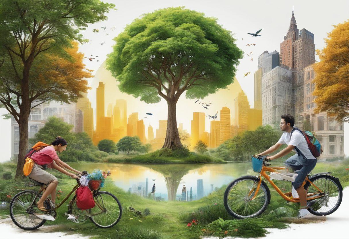 A dynamic collage featuring diverse individuals engaging in eco-friendly activities, intertwined with vibrant representations of cultural symbols and modern technology. The background should blend urban and rural landscapes, showcasing a harmonious coexistence of tradition and innovation. Infuse bright colors to capture the energy of lifestyle choices shaping the future. super-realistic. vibrant colors. white background.