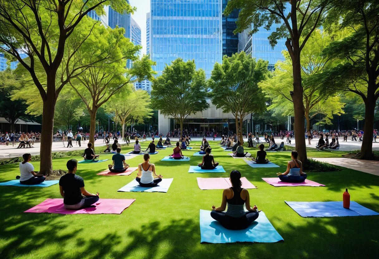 A dynamic scene showcasing a diverse group of people engaging in various modern activities like meditation, working on laptops, and practicing yoga in an urban park, surrounded by futuristic architecture and greenery. The background features digital screens displaying wellness tips and knowledge-sharing elements. The atmosphere is vibrant, energetic, and filled with a sense of community and innovation. super-realistic. vibrant colors. urban theme.
