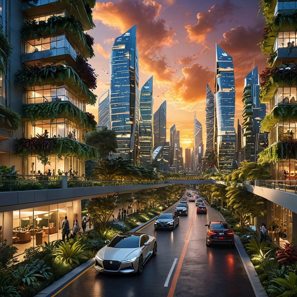 A futuristic city skyline with innovative architecture, highlighting greenery and technology integration, diverse people engaging with smart devices, and vehicles flying in the air. A glowing sun setting on the horizon with an optimistic color palette. sleek and modern. vibrant colors. super-realistic.